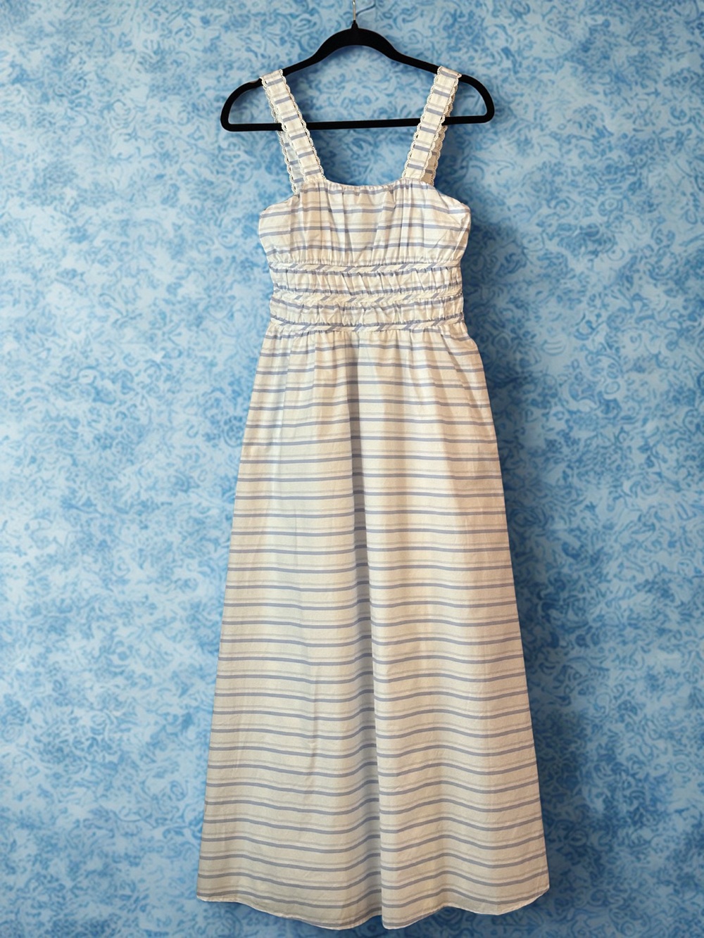 Altar'd State Striped Smocked Midi Maxi Dress Blue White Lace NWOT S
